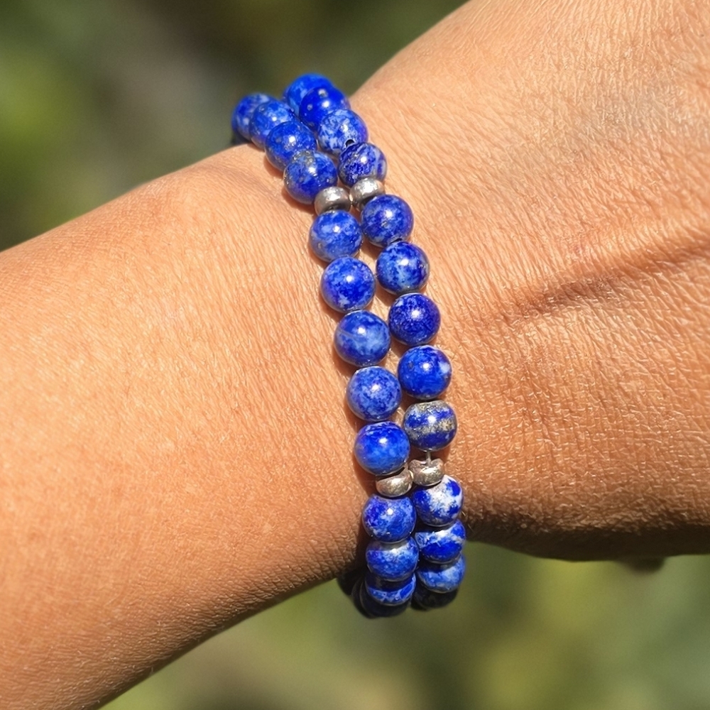 Stunning handmade artisan double strand lapis lazuli sterling silver bracelet